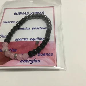 Baterías Recargables Pulsera BUENAS VIBRAS Cuarzo rosa, Onix y Hematite 6 mm