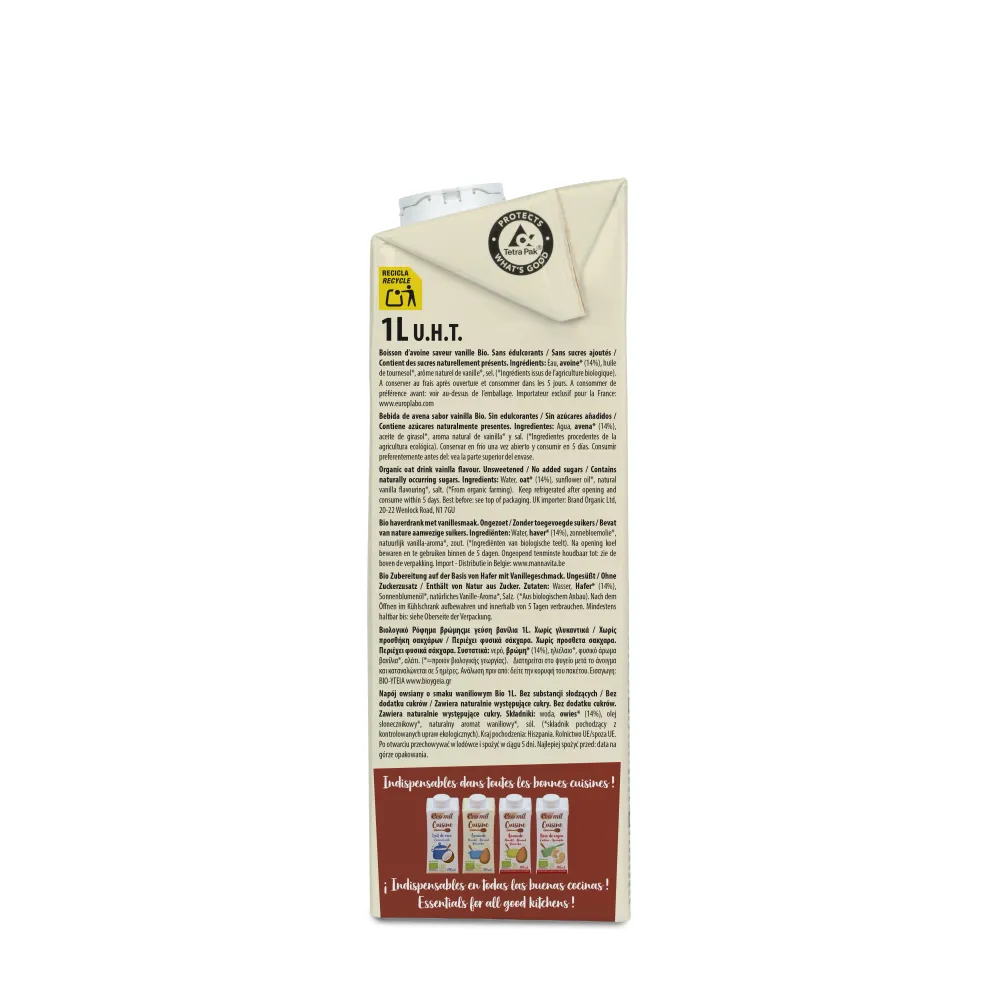 Certificadas CE Pack 6x Bebida de Avena Vanilla Sin Azúcares ñadidos Bio 1 L