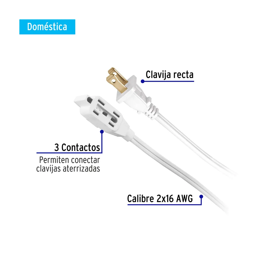 Extensión eléctrica doméstica 6 m clavija recta, blanca VOLTECK ED-6BR para Dispositivos de Alto Consumo