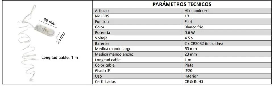 HILO LUMINOSO 6000K FLASH 1 METRO PILAS INTERIOR para Mandos Distancia