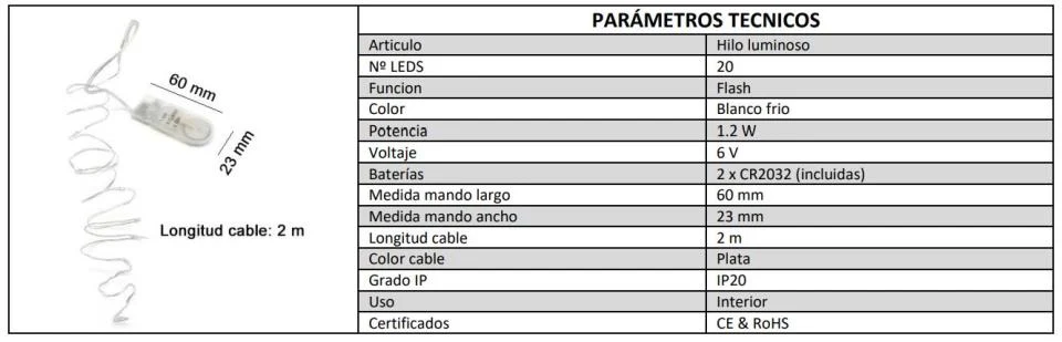 HILO LUMINOSO 6000K FLASH 2 MTS. PILAS INTERIOR Listas para Usar
