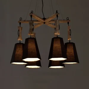 Lámpara de arañ de tela cónica, iluminación colgante clásico para sala de estar con 6 luces, en blanco/negro/lino Lino