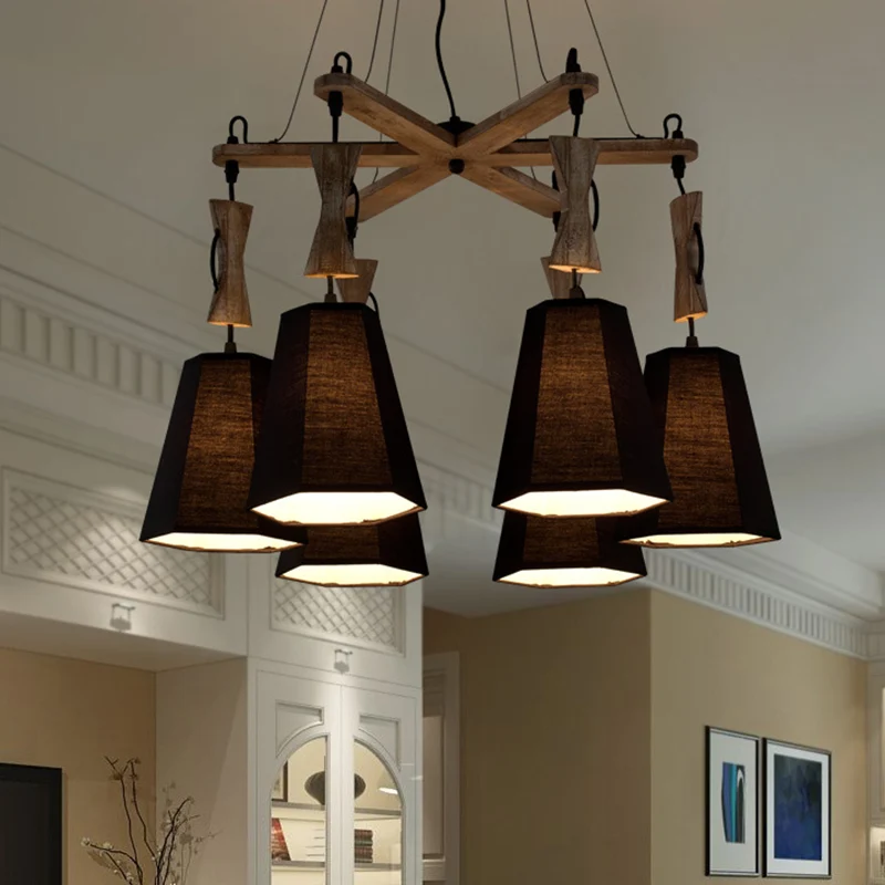 Lámpara de arañ de tela cónica, iluminación colgante clásico para sala de estar con 6 luces, en blanco/negro/lino Lino