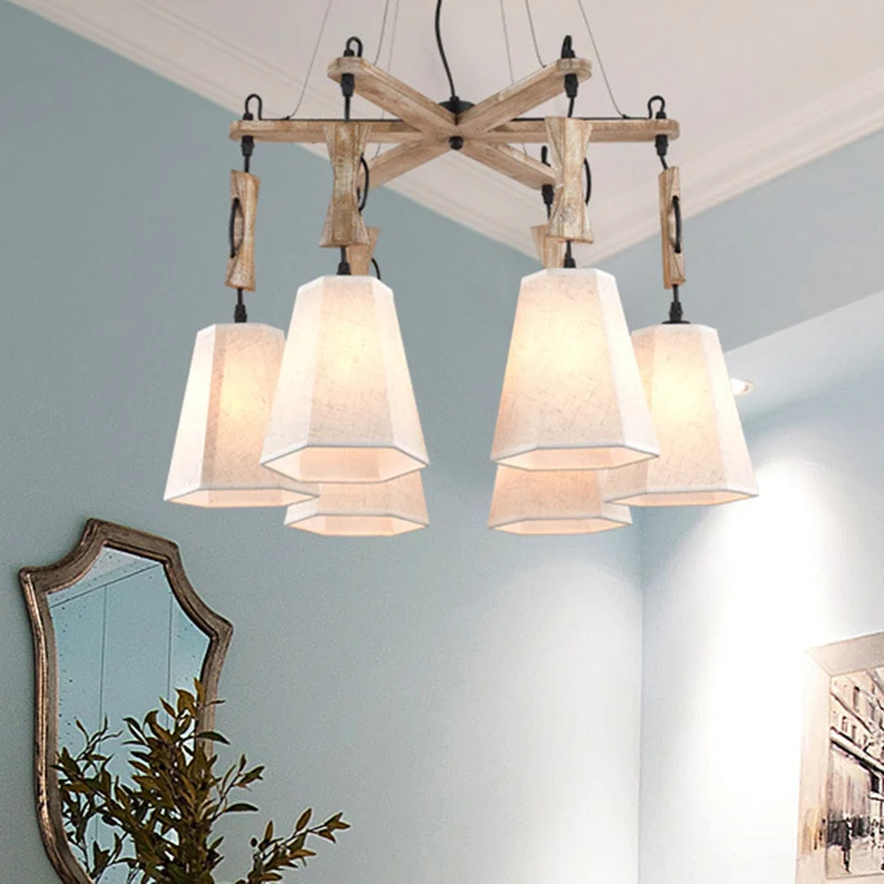 Lámpara de arañ de tela cónica, iluminación colgante clásico para sala de estar con 6 luces, en blanco/negro/lino Lino