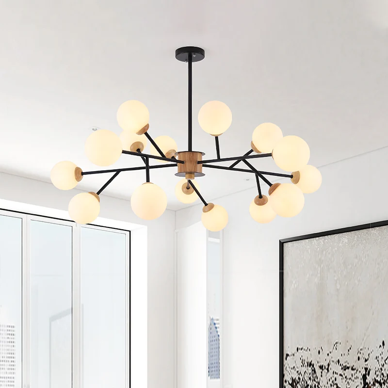Lámpara colgante con esfera de vidrio lechoso, accesorio de iluminación suspendido contemporáneo de 6/15 cabezas, color bl...