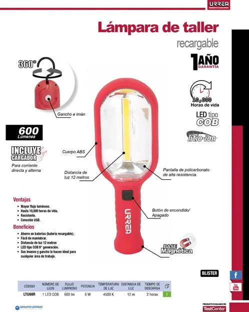 Lámpara de led para taller recargable de 600 lm urrea con Cargador Incluido