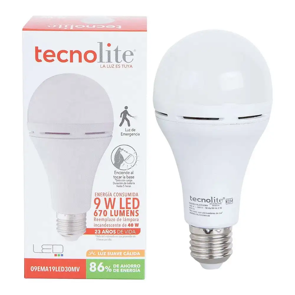 Pack de Pilas Kit de 6 focos recargables led a19 9w blanco calido base e27 tecnolite