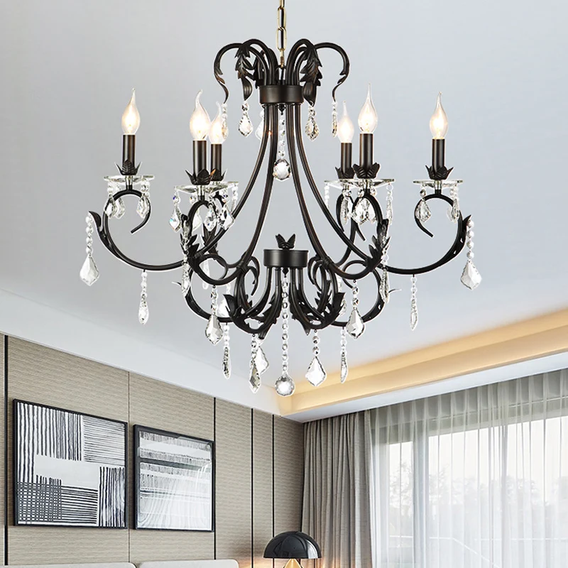 Pack de Pilas Traditionele zwarte kaars plafondhanger 6/8 lichts metalen kroonluchterlamp met kristallen druppels