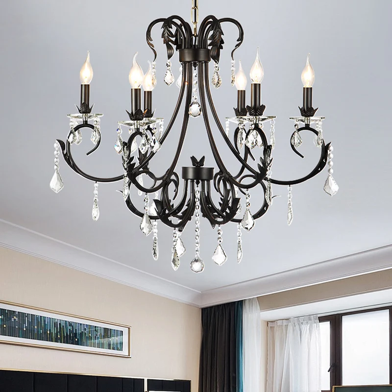 Pack de Pilas Traditionele zwarte kaars plafondhanger 6/8 lichts metalen kroonluchterlamp met kristallen druppels