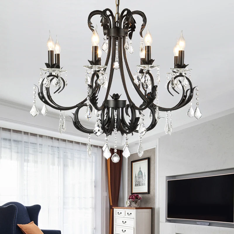 Pack de Pilas Traditionele zwarte kaars plafondhanger 6/8 lichts metalen kroonluchterlamp met kristallen druppels
