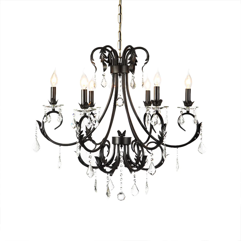 Pack de Pilas Traditionele zwarte kaars plafondhanger 6/8 lichts metalen kroonluchterlamp met kristallen druppels