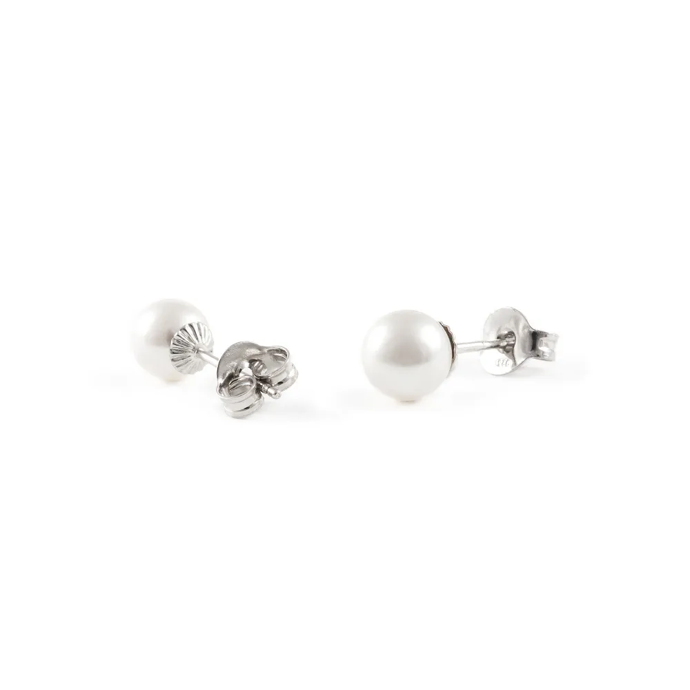 Pendientes Plata de Ley Perla Redonda 6 mm Brillo con Cargador Incluido