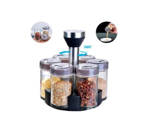 Pilas de Baterí Condimentero Giratorio 6 Frascos | Vidrio y Acero Inoxidable