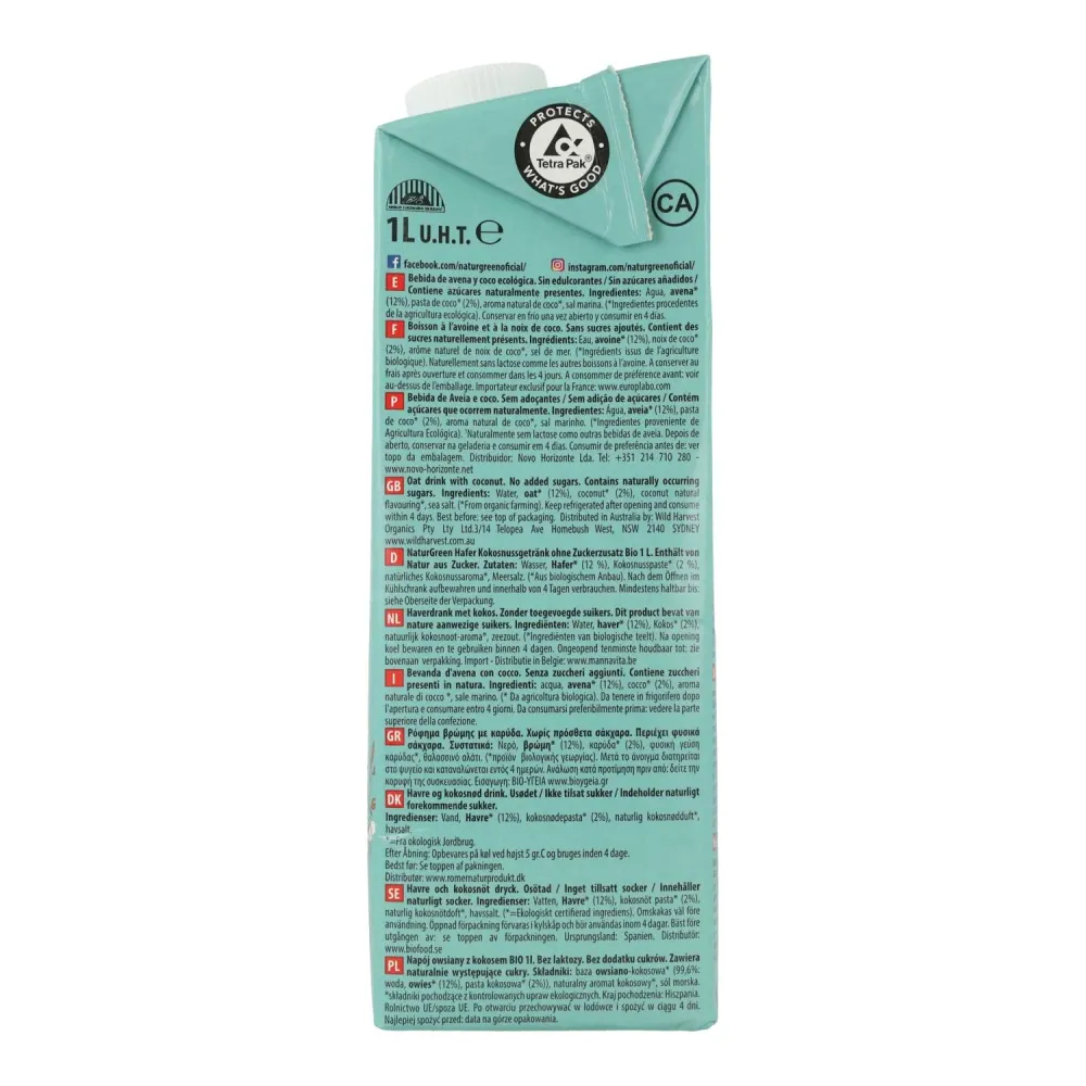 Pilas de Reloj Pack 6 uds Bebida de Avena y Coco Bio NaturGreen 1 L