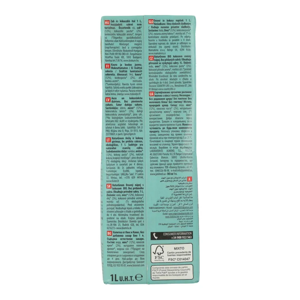 Pilas de Reloj Pack 6 uds Bebida de Avena y Coco Bio NaturGreen 1 L