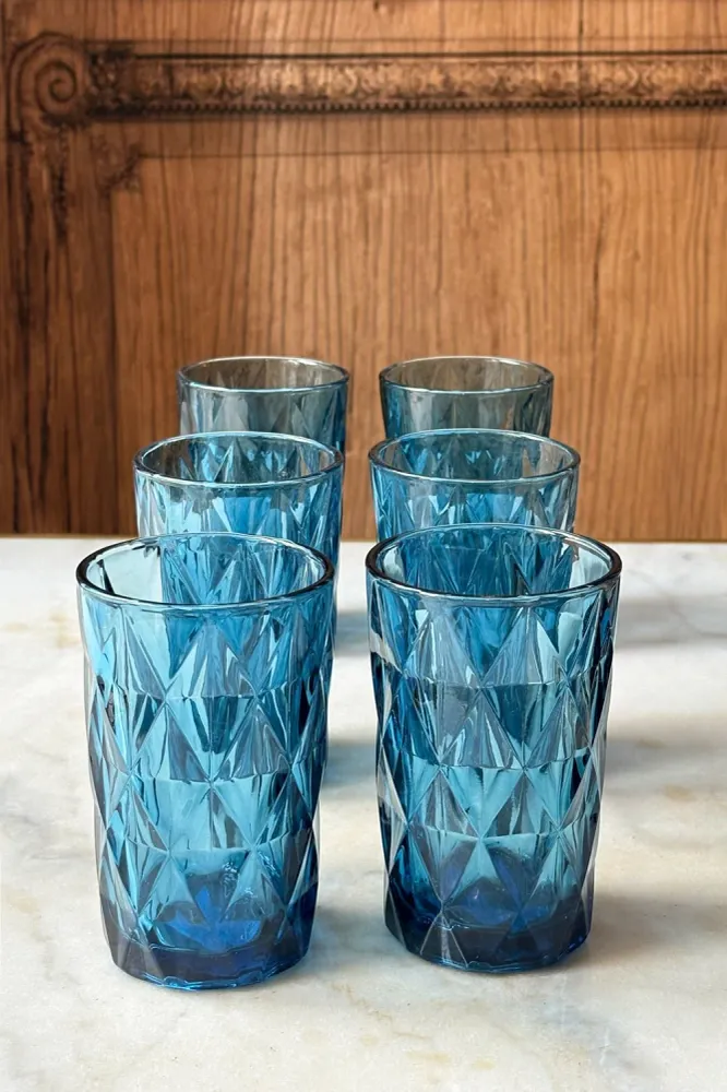Set 6 Vasos Altos Azules Diseño Rombos con Estuche de Almacenamiento
