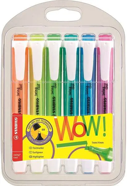 Stabilo Swing Fresco Pack de 6 Marcadores Fluorescentes - Cuerpo Plano - Punta Biselada - Trazo entre