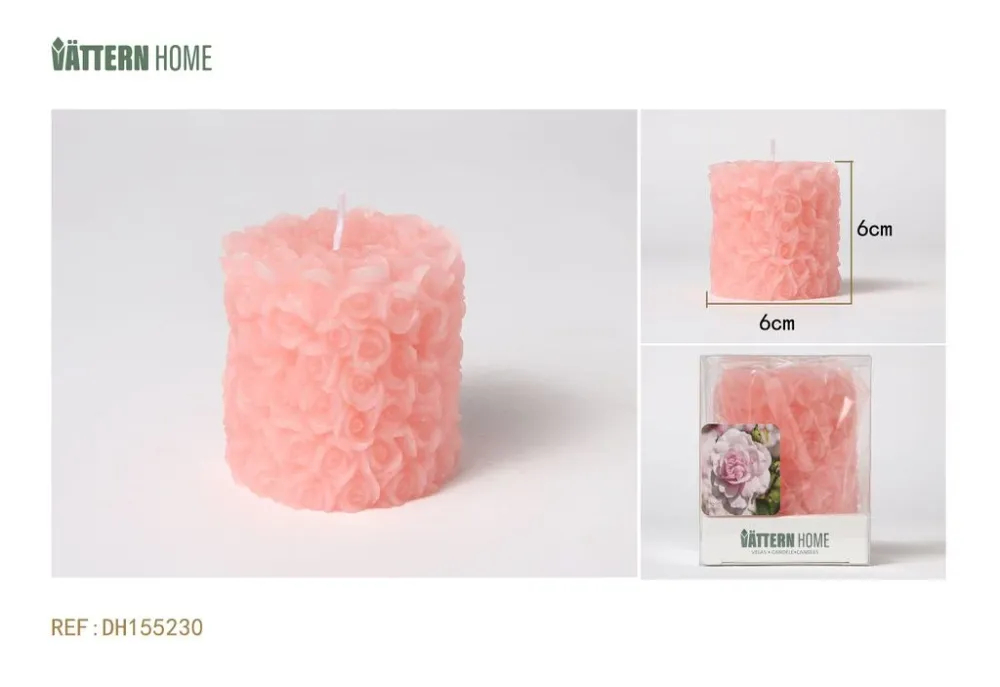 Vela de pilar de 6 x 6 cm con aroma rosa de parafina (rosa) que arde durante 6 horas con Tecnologí de Larga Duración