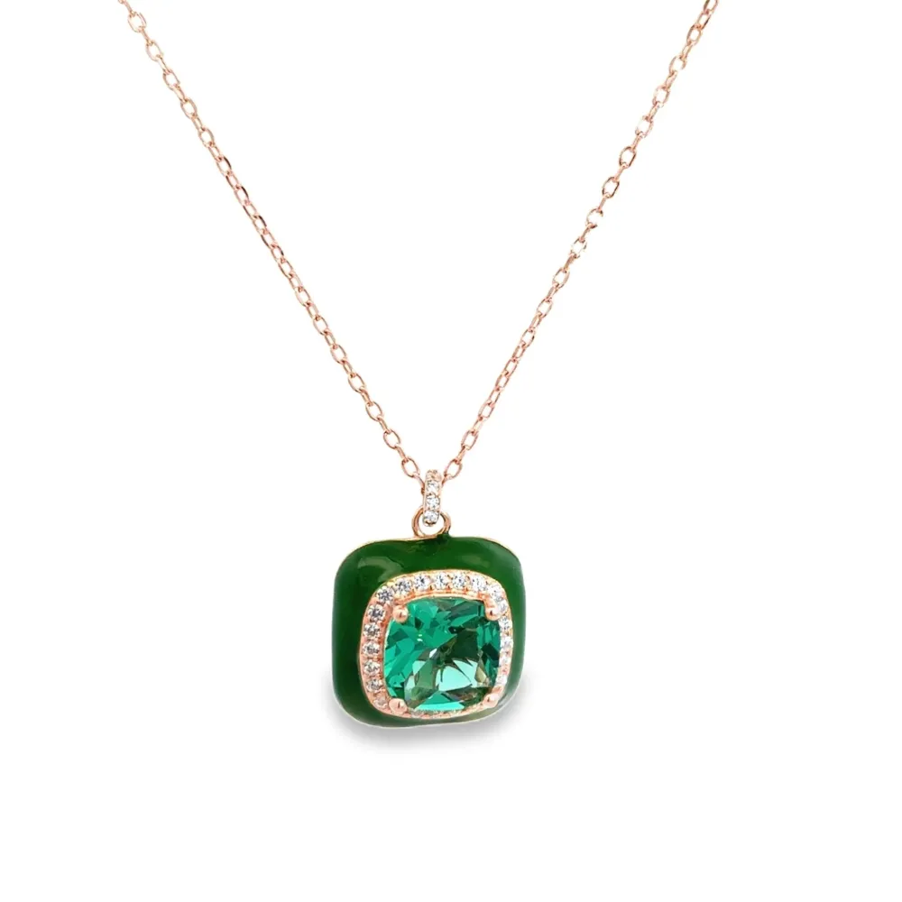 925RG BIG SQUARE ESMERALDA CZ ENAMEL GREEN NECKLACE