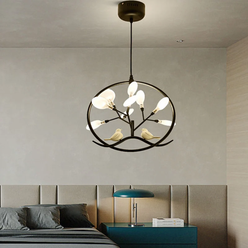 Alta Duración Lámpara colgante de rama acrílica, lámpara nórdica de 9 luces con decoración de pájaros y anillos Oro