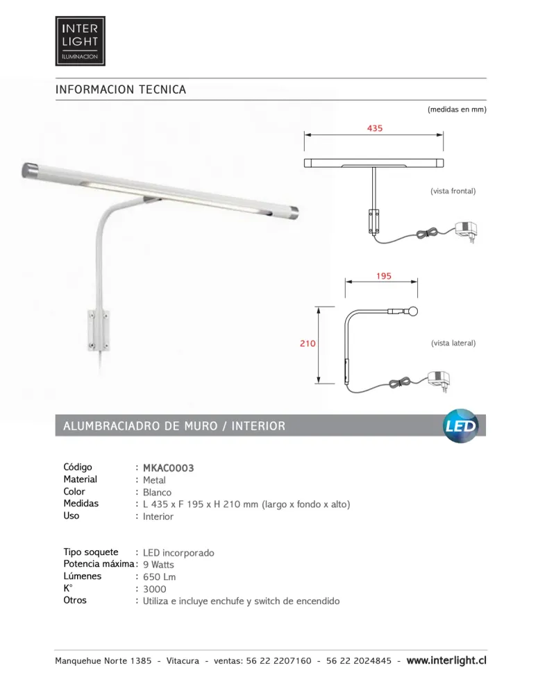 Alumbracuadro metálico blanco 43,5 cm LED 9W