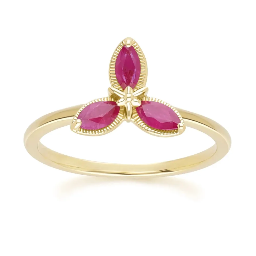 Anillo floral con rubíes de talla marquesa en oro amarillo de 9 quilates con Garantí