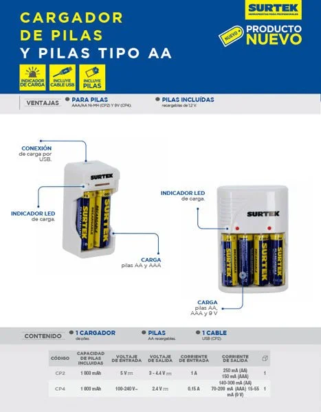 Baterí de 9V Cargador de pilas "aaa", "aa" y "9v" , con 4 pilas "aa" surtek