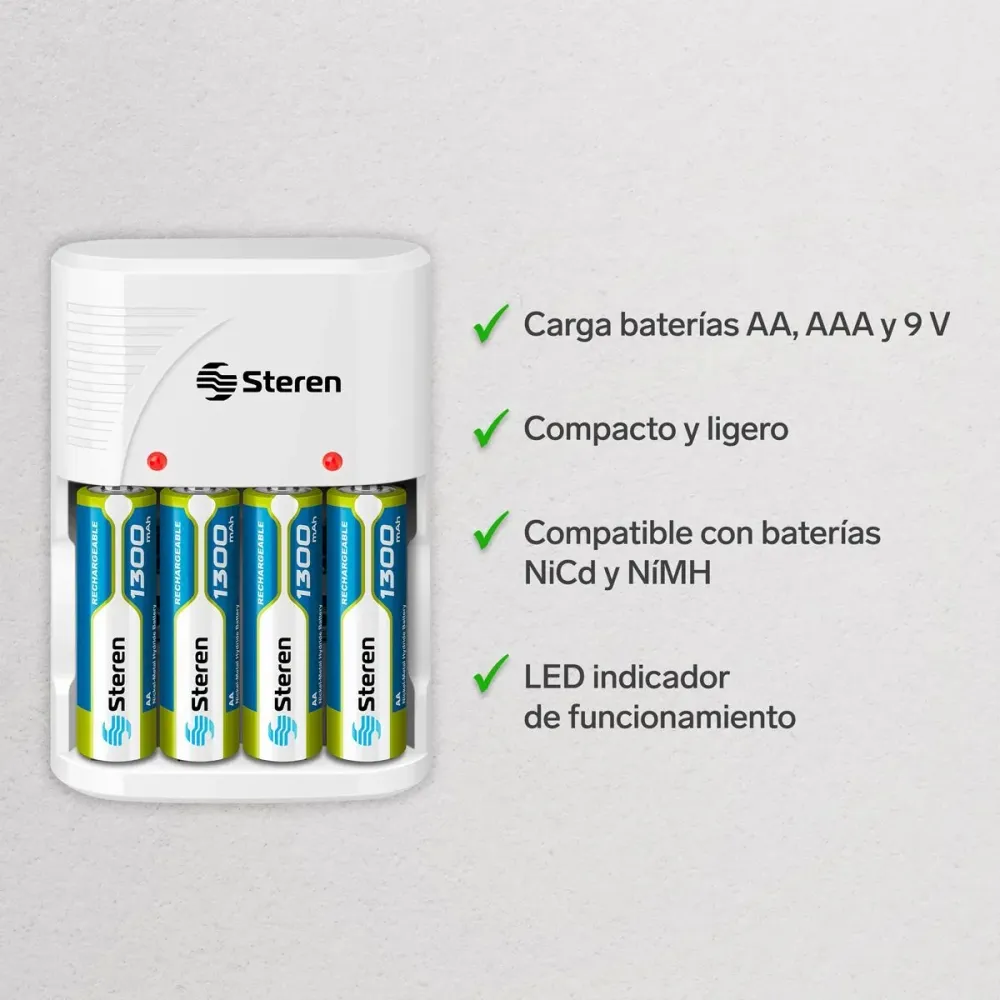 Baterí de 9V Cargador de pilas AA, AAA y 9V ofrece 4 pilas AA Steren