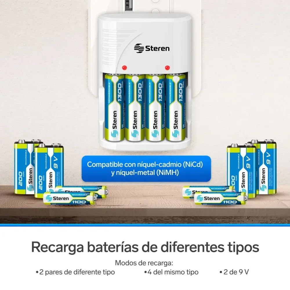 Baterí de 9V Cargador de pilas AA, AAA y 9V ofrece 4 pilas AA Steren