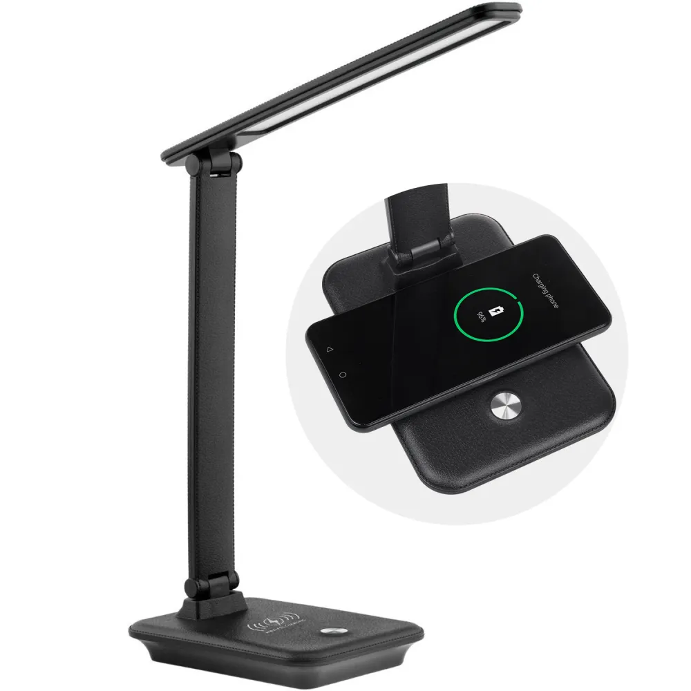 Baterí de 9V Lámpara de escritorio LED regulable Lámpara de escritorio de 9W con cargador Qi por inducción