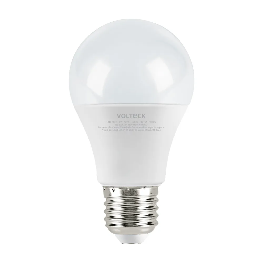 Baterí de 9V Lámpara LED tipo bulbo A19 9 W luz cálida, caja, Volteck
