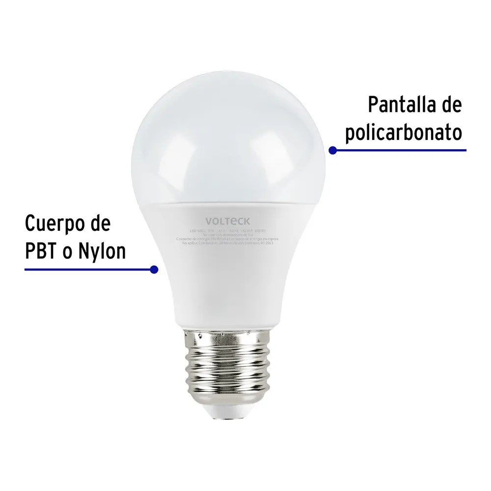 Baterí de 9V Lámpara LED tipo bulbo A19 9 W luz cálida, caja, Volteck