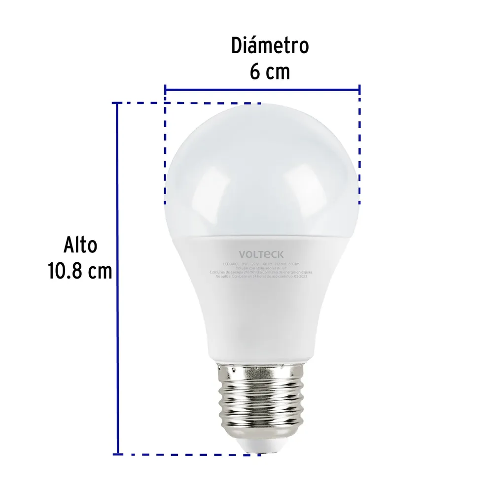 Baterí de 9V Lámpara LED tipo bulbo A19 9 W luz cálida, caja, Volteck