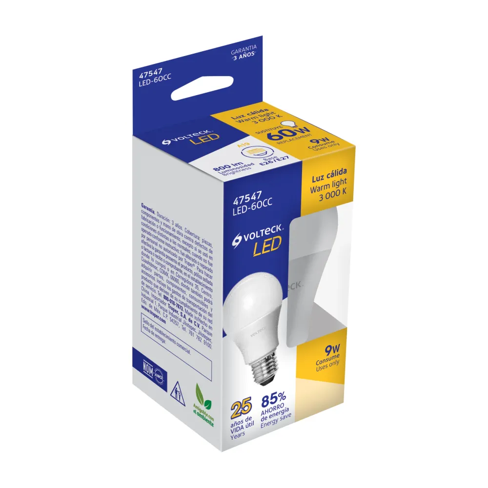 Baterí de 9V Lámpara LED tipo bulbo A19 9 W luz cálida, caja, Volteck