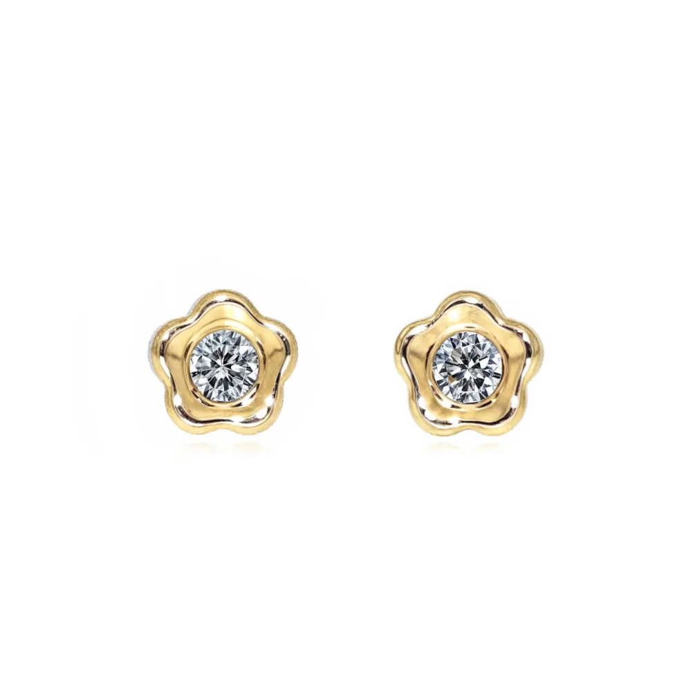 Baterí de 9V Pendientes Bebe Oro Amarillo 9K Flor Margarita Circonita Brillo