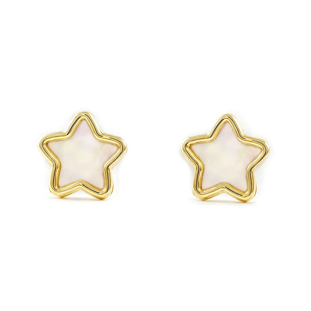 Baterí de 9V Pendientes Mujer-Niñ Oro Amarillo 9K Nacar Estrella Brillo