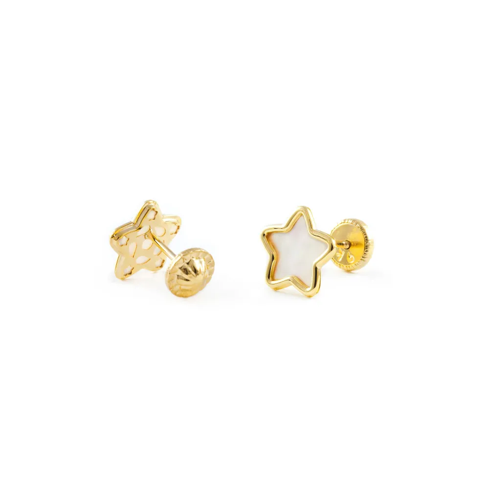 Baterí de 9V Pendientes Mujer-Niñ Oro Amarillo 9K Nacar Estrella Brillo