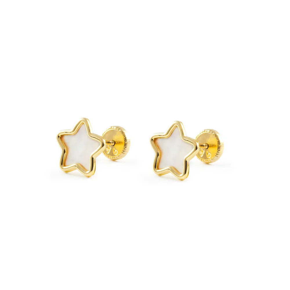 Baterí de 9V Pendientes Mujer-Niñ Oro Amarillo 9K Nacar Estrella Brillo