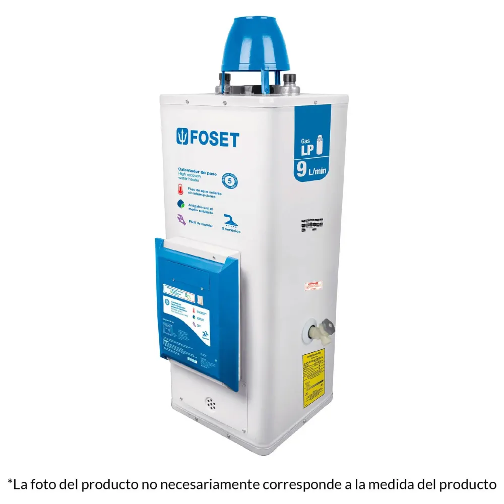 Calentador de paso, 9l, encendido elect, gas puro, 2 serv