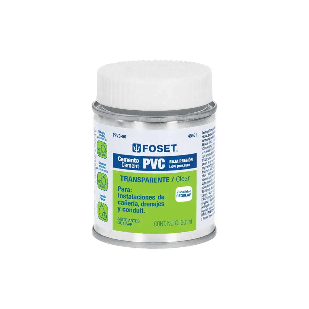 Cemento para PVC en bote de 90 ml, baja presión, Foset PPVC-90 con Certificación RoHS