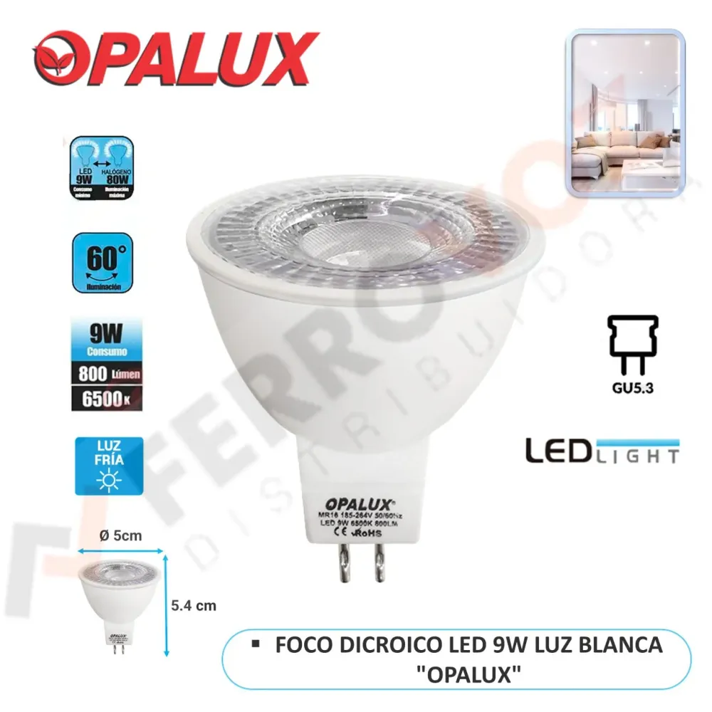 FOCO DICROICO LED 9W LUZ BLANCA "OPALUX" con Garantí