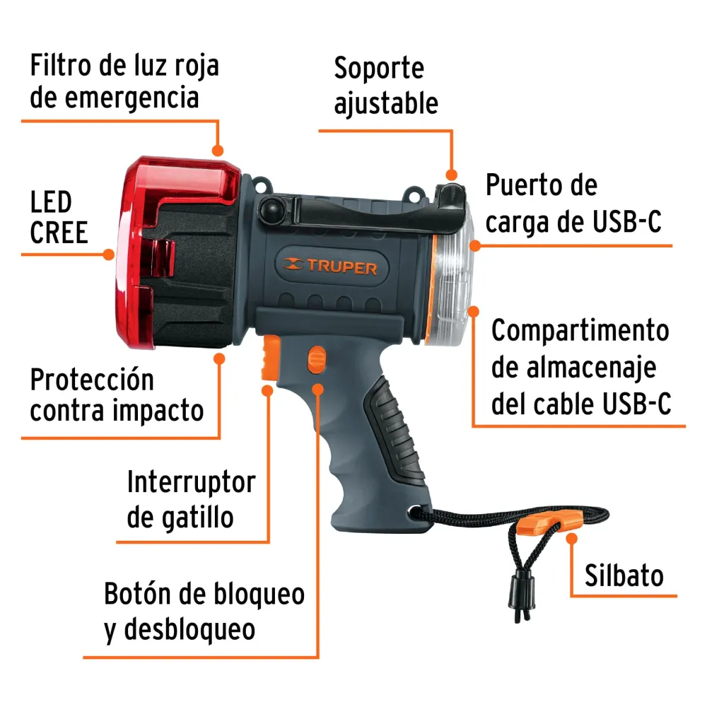 LAMPARA DE LED 900 LM RECARGABLE ALTA POTENCIA, TRUPER con Certificación RoHS