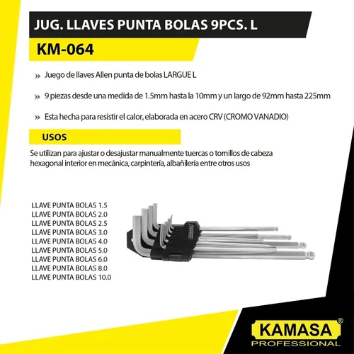 Llaves puntas bolas 9pcs KM064 - Kamasa para Dispositivos de Alto Consumo