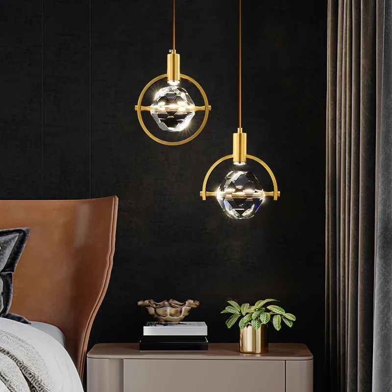 Lámpara colgante biselada con bola de cristal K9, luz LED de suspensión dorada minimalista para dormitorio con Certificaci...