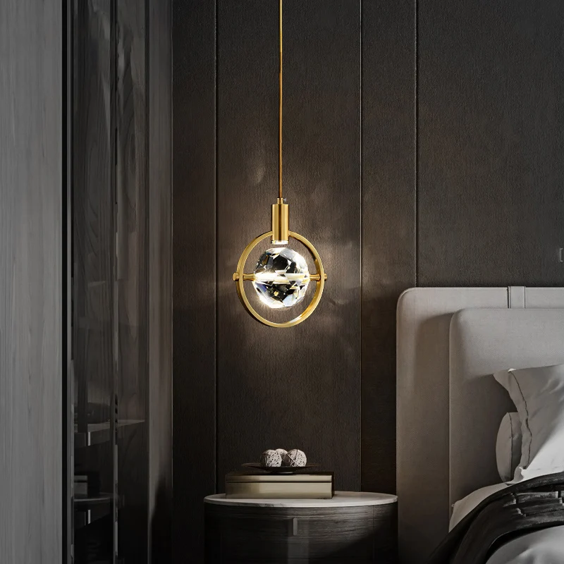 Lámpara colgante biselada con bola de cristal K9, luz LED de suspensión dorada minimalista para dormitorio con Certificaci...