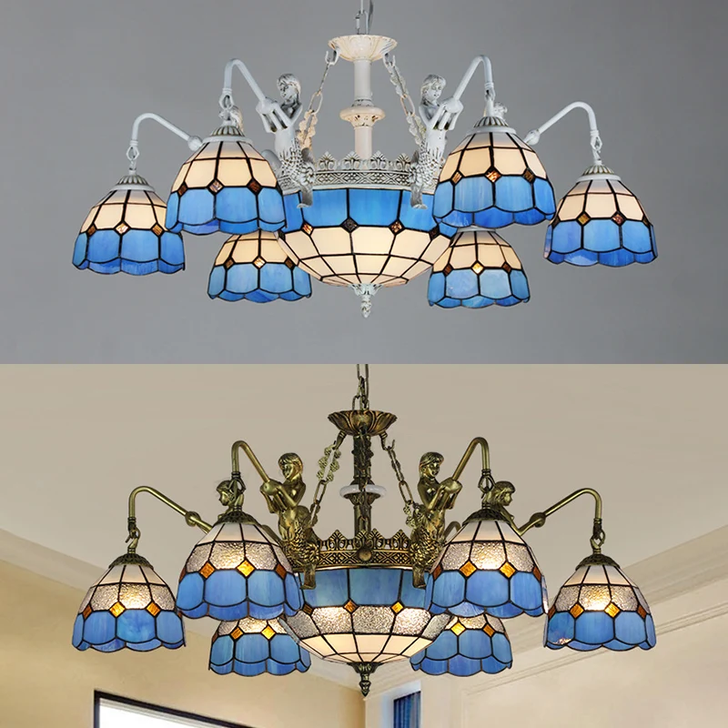 Lámpara de techo con 9 luces, lámpara colgante de vidrieras con diseño de cuadrícula Tiffany en latón blanco/envejecido |...