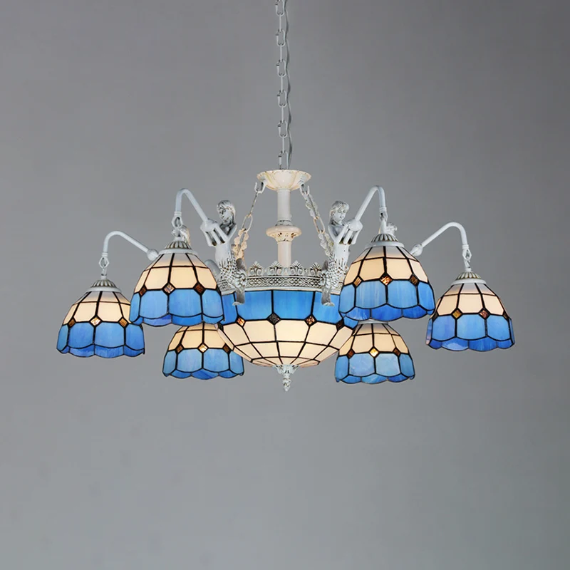 Lámpara de techo con 9 luces, lámpara colgante de vidrieras con diseño de cuadrícula Tiffany en latón blanco/envejecido |...