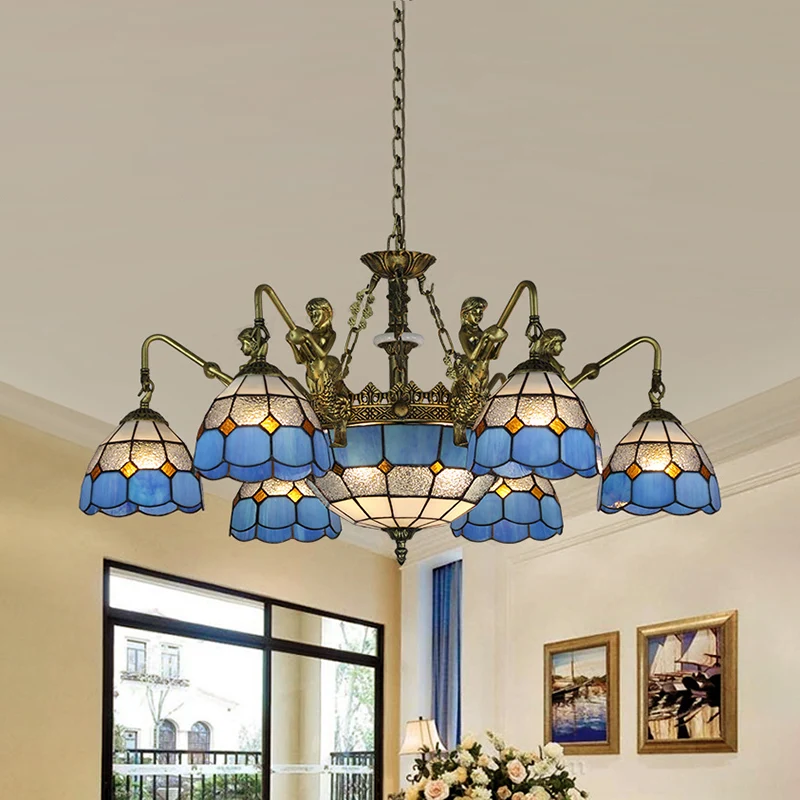 Lámpara de techo con 9 luces, lámpara colgante de vidrieras con diseño de cuadrícula Tiffany en latón blanco/envejecido |...