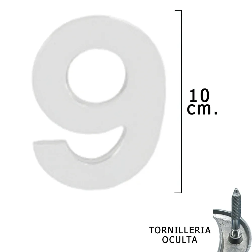 Numero Metálico "9" Plateado Mate 10 cm. con Tornilleria Oculta (Blister 1 Pieza) para Mandos Distancia