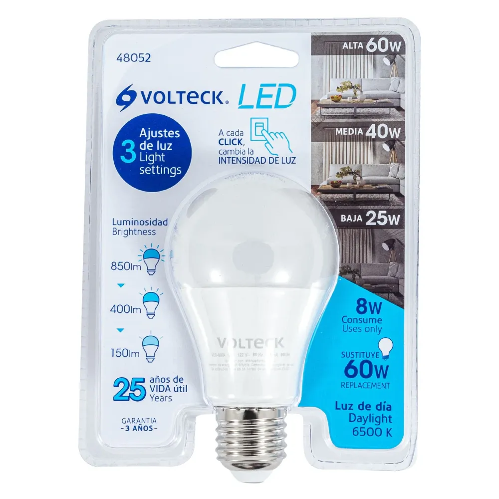 Pack de Pilas Foco LED tipo bulbo, A19, 9 W luz de dí, atenuable